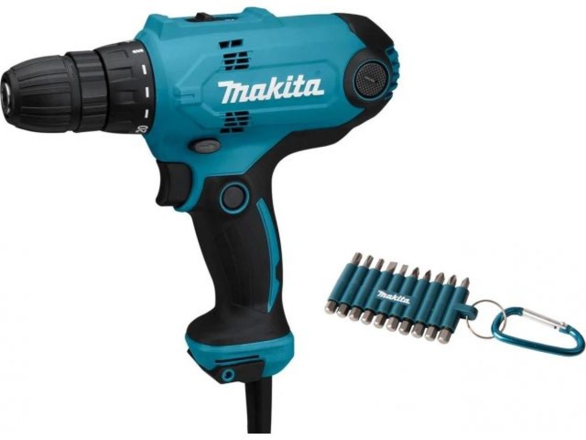Сетевая дрель-шуруповерт Makita DF 0300X3 + набор бит (10 шт.)