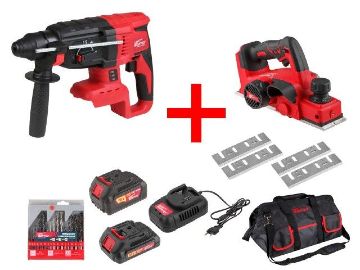 Набор аккумуляторного инструмента WORTEX (перфоратор, рубанок, 2 АКБ, ЗУ, набор сверл, ножи, сумка)