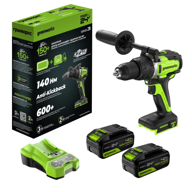Аккумуляторная ударная дрель-шуруповерт Greenworks GD24DD140 24В (2 АКБ 4Ач + ЗУ)