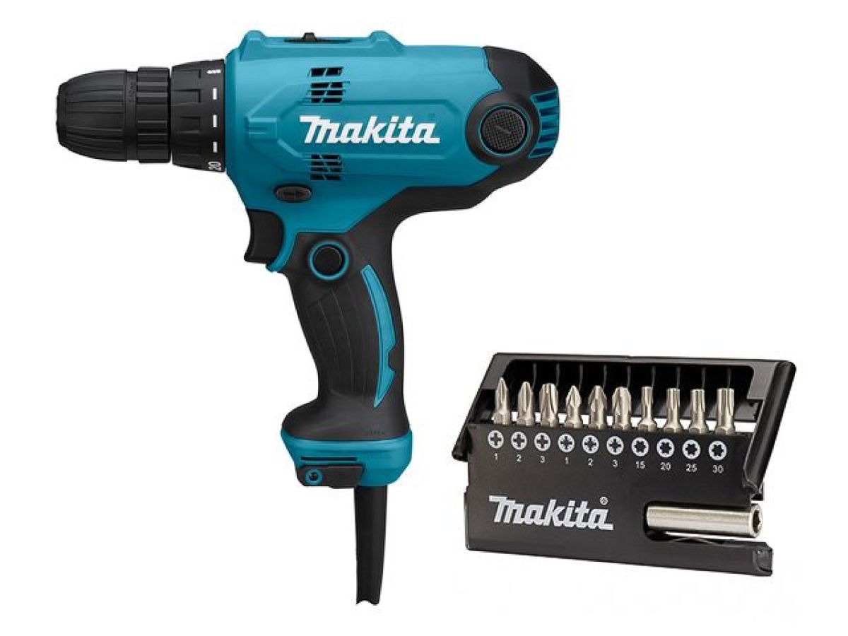 Сетевая дрель-шуруповерт Makita DF 0300 + набор бит (11 шт.)