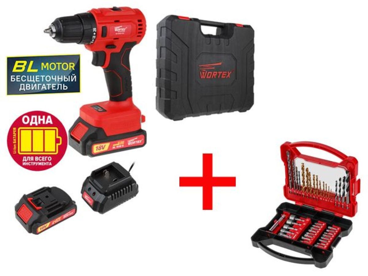 Аккум. дрель-шуруповерт WORTEX BD 2025-1 DLi в чем. ALL1 + набор оснастки WORTEX CDS 41