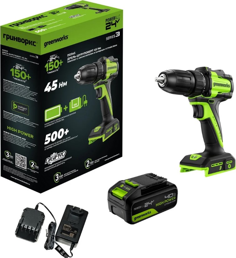Аккумуляторная дрель-шуруповерт Greenworks DD345 24В (АКБ 4Ач + ЗУ)