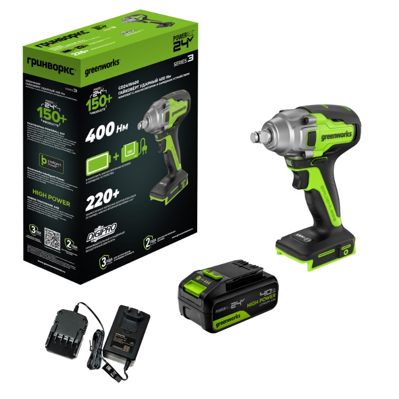 Аккумуляторный гайковерт Greenworks GD24IW400 24В (АКБ 4Ач + ЗУ)
