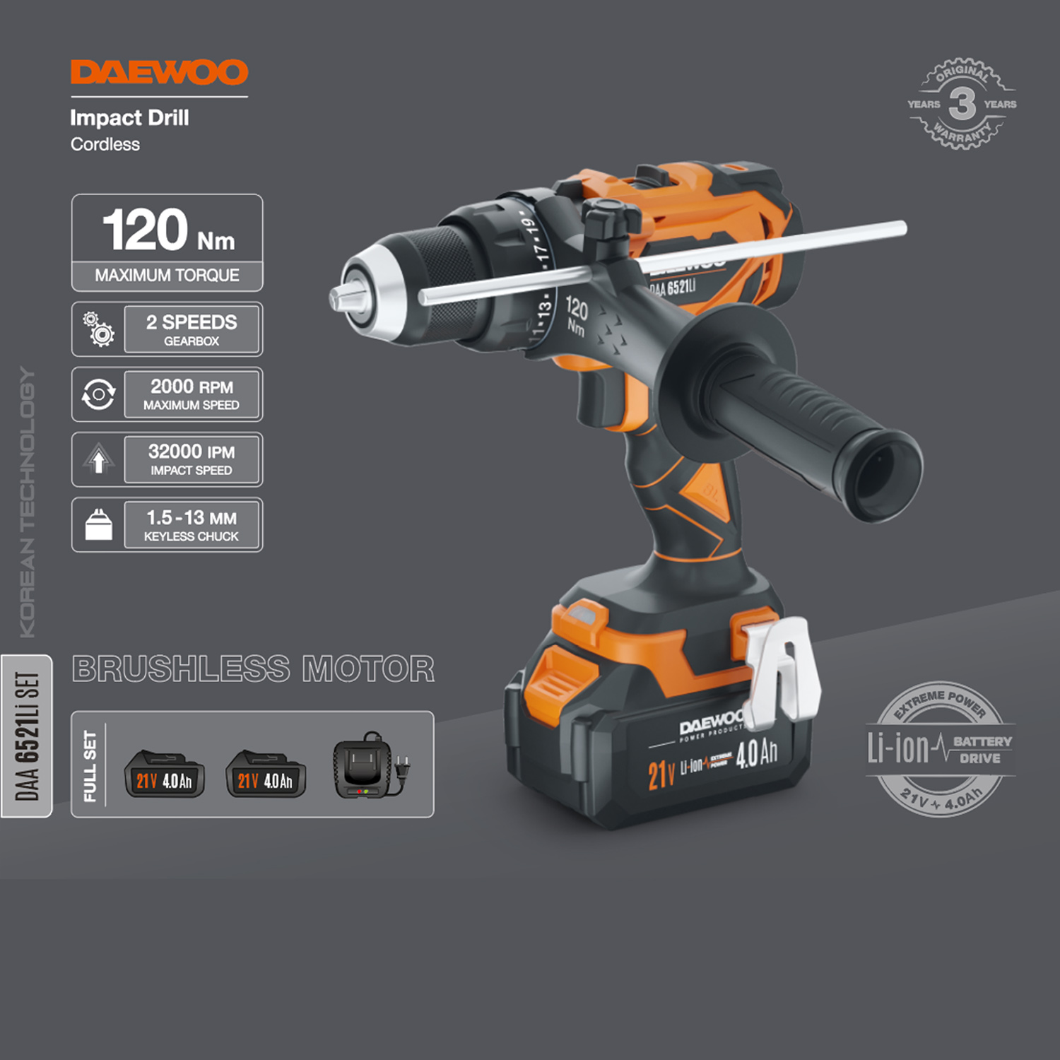 Дрель-шуруповерт ударная аккумуляторная DAEWOO DAA 6521Li SET (АКБ и ЗУ)