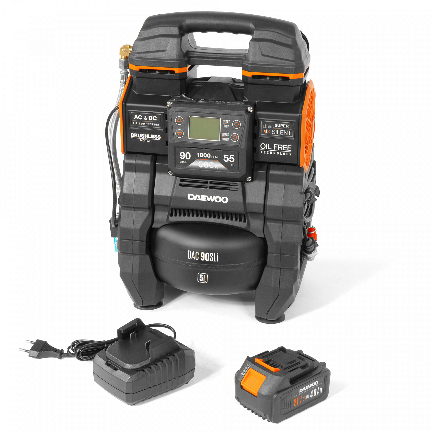 Компрессор аккумуляторный безмасляный 21В/220В DAEWOO DAC 90SLi SET