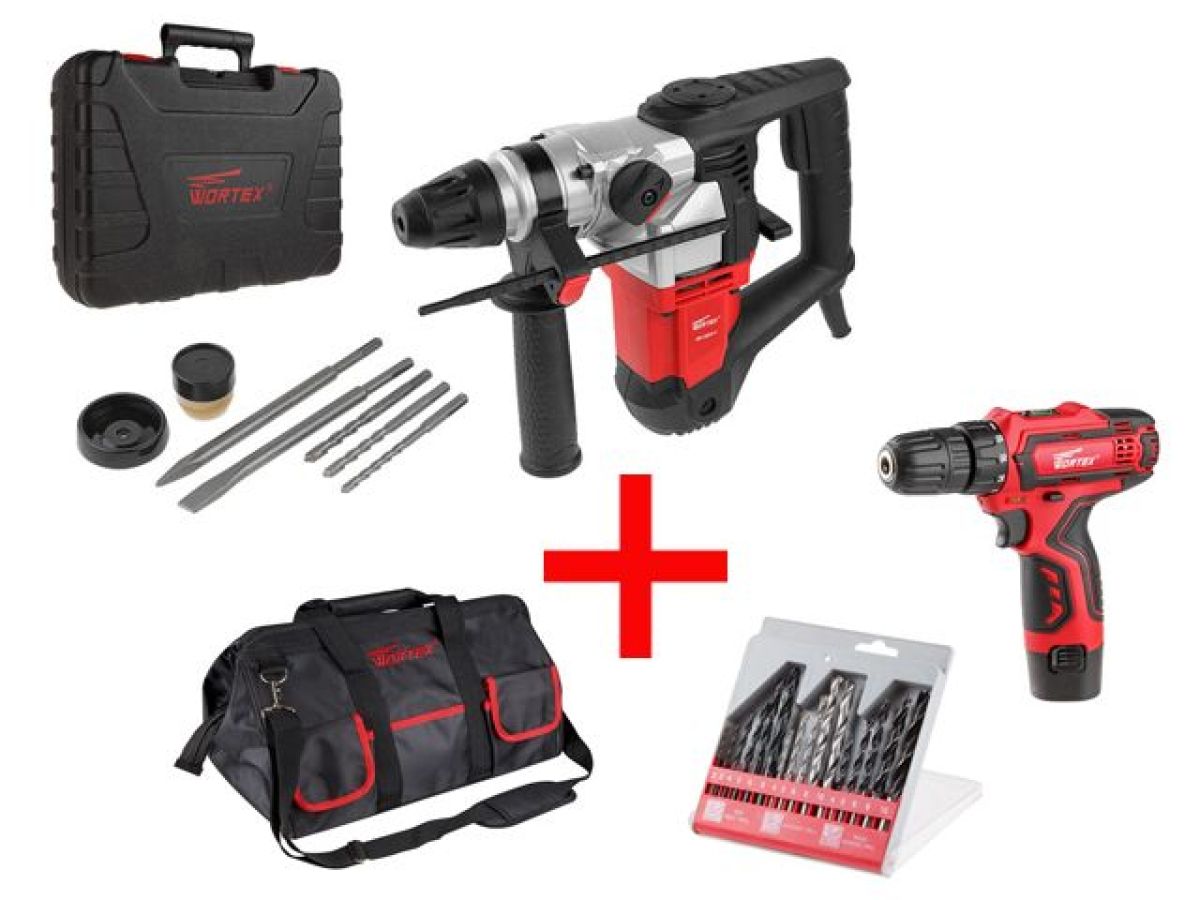 Перфоратор WORTEX RH 3231-1 в чемодане + 2 зубила, 3 сверла + Акция (WORTEX BD 1213 Li + сумка + набор сверл WORTEX 16 шт.)