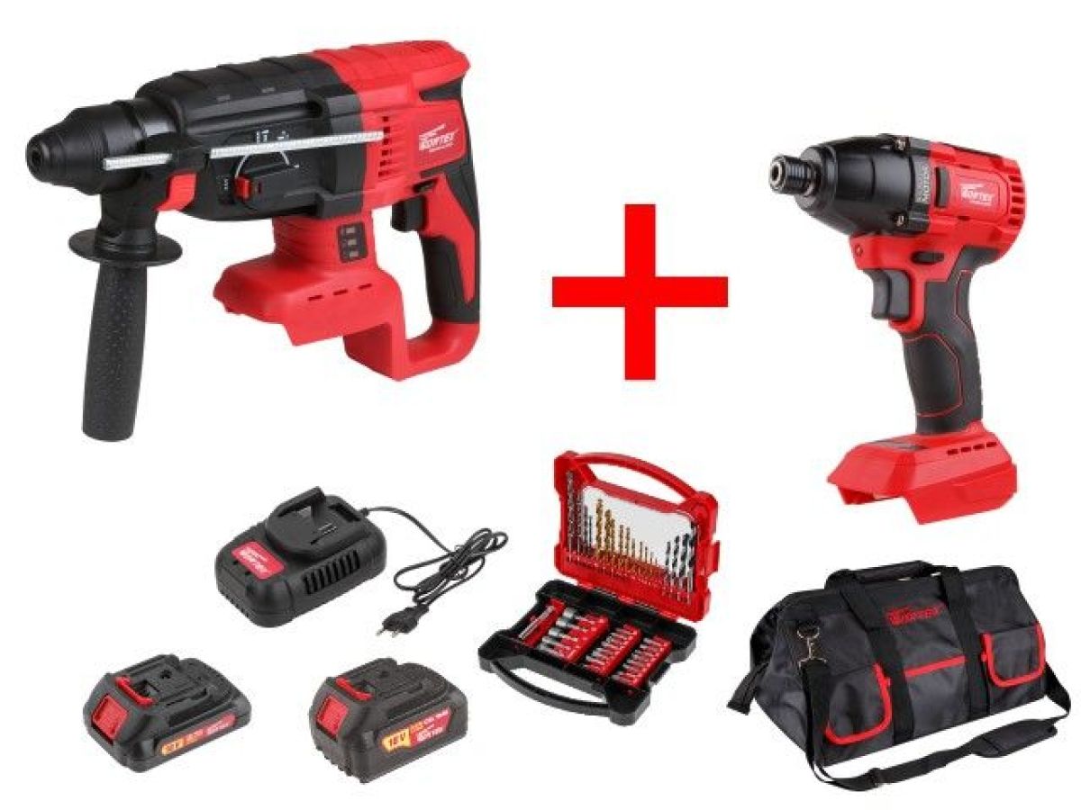 Набор аккумуляторного инструмента WORTEX (перфоратор, гайковерт, 2 АКБ, ЗУ, набор оснастки, сумка)