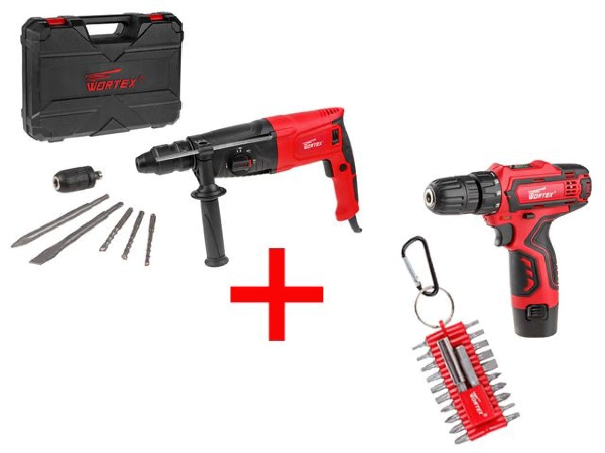 Перфоратор WORTEX RH 2629 в чемодане (БЗП, 2 зубила, 3 сверла, WORTEX BD 1213 Li, набор бит)