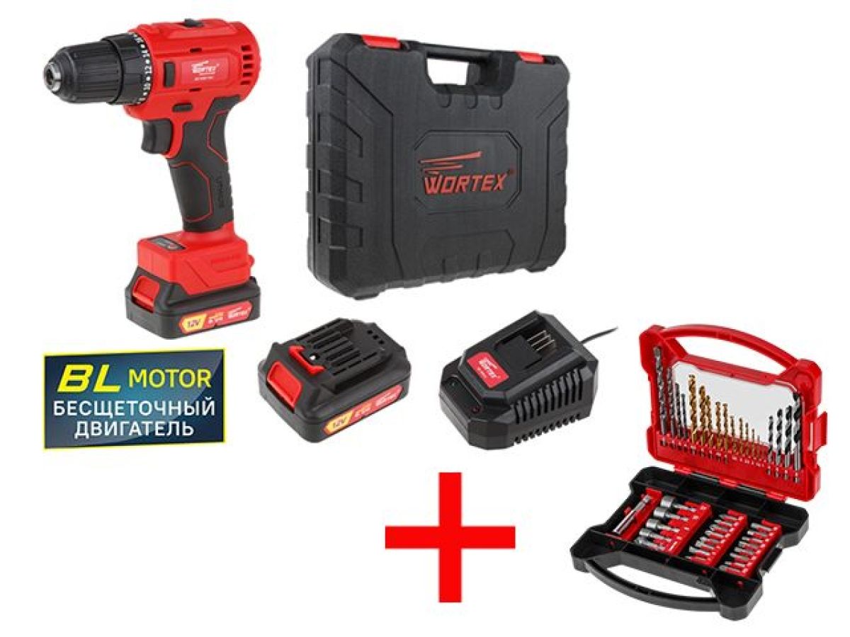 Аккумуляторная дрель-шуруповерт WORTEX BD 1220-1 DLi в чем.+ набор оснастки WORTEX CDS 41