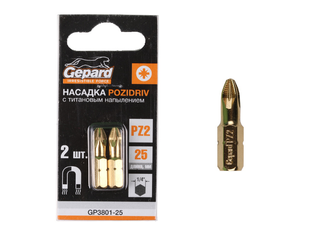 Насадка крестообразная PZ2 25мм  2шт с титановым напылением GEPARD (GP3801-25) (бита Pozidrive позидрив сталь S2 магнитная TIN покрытие)