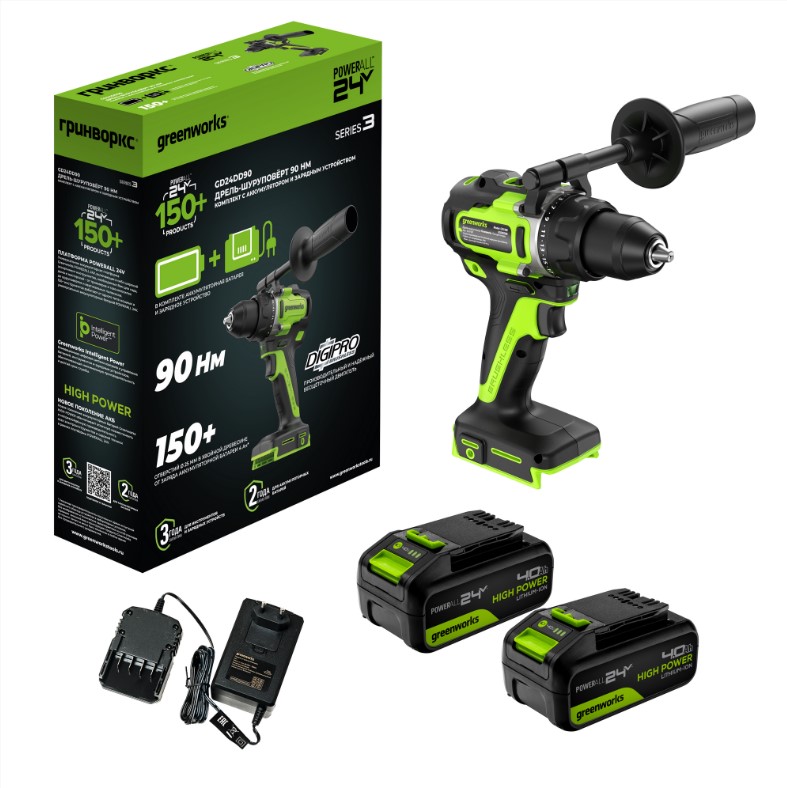 Аккумуляторная дрель-шуруповерт Greenworks GD24DD90 24В (2 АКБ 4Ач + ЗУ)