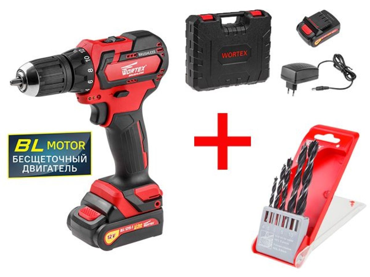 Аккумуляторная дрель-шуруповерт WORTEX BD 1215-1 DLi в чем. + набор сверл