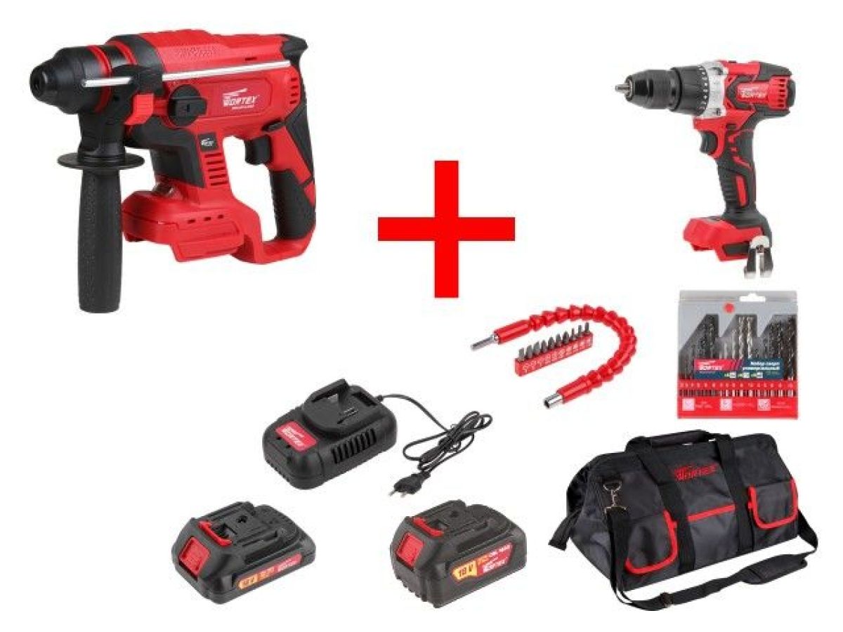 Набор аккумуляторного инструмента WORTEX (перфоратор, дрель-шуруповерт, 2 АКБ, ЗУ, набор сверл, набор бит, сумка)