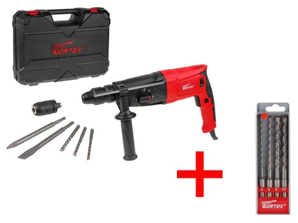 Перфоратор WORTEX RH 2629 в чемодане (БЗП, 2 зубила, 3 сверла, набор буров SDS-plus 4 шт. WORTEX)