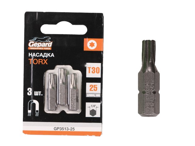 Насадка TORX T27 25мм  3шт GEPARD (GP3512-25) (бита звездочка шестилучевая звезда сталь S2  магнитная)