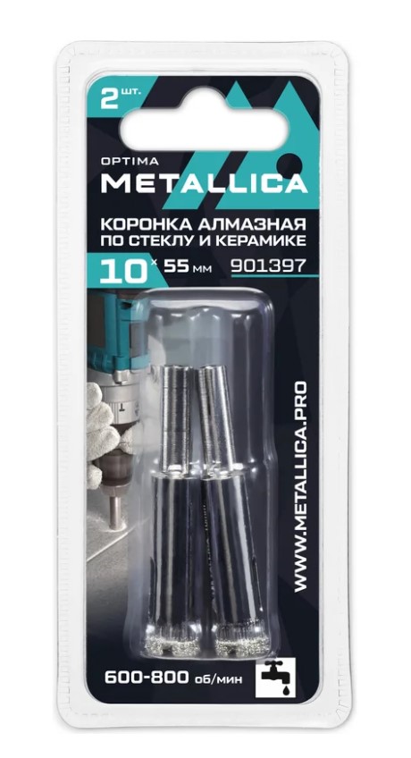 Коронки алмазные METALLICA Optima 10x55 мм, #80, по стеклу, плитке, 2 шт.