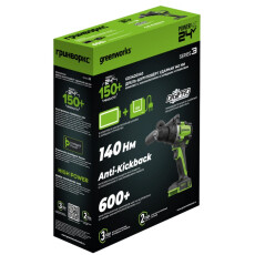 Аккумуляторная ударная дрель-шуруповерт Greenworks GD24DD140 24В (2 АКБ 4Ач + ЗУ)