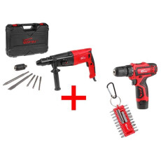 Перфоратор WORTEX RH 2629 в чемодане (БЗП, 2 зубила, 3 сверла, WORTEX BD 1213 Li, набор бит)