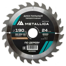 Диск пильный тв. сплав. METALLICA Optima 190x30/20/16мм, 24 зуба, Т=2,4мм по дереву продольный