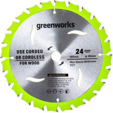 Диск пильный по дереву для циркулярной пилы Greenworks 165x1.6x20 мм, 24T (2955707)