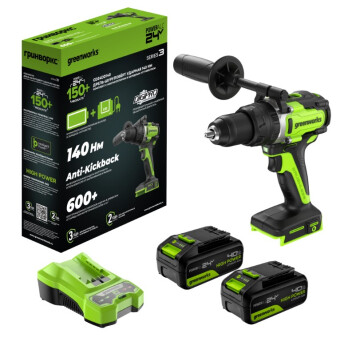 Аккумуляторная ударная дрель-шуруповерт Greenworks GD24DD140 24В (2 АКБ 4Ач + ЗУ)