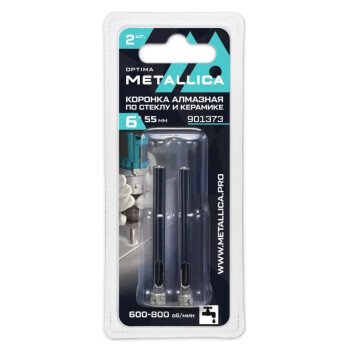 Коронки алмазные METALLICA Optima 6x55 мм, #80, по стеклу, плитке, 2 шт.