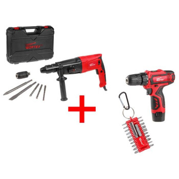 Перфоратор WORTEX RH 2629 в чемодане (БЗП, 2 зубила, 3 сверла, WORTEX BD 1213 Li, набор бит)