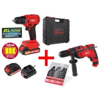 Набор электроинструмента WORTEX (дрель-шуруповерт BD 2025-1 DLi в чем. ALL1 + дрель DS 1308 + набор сверл)